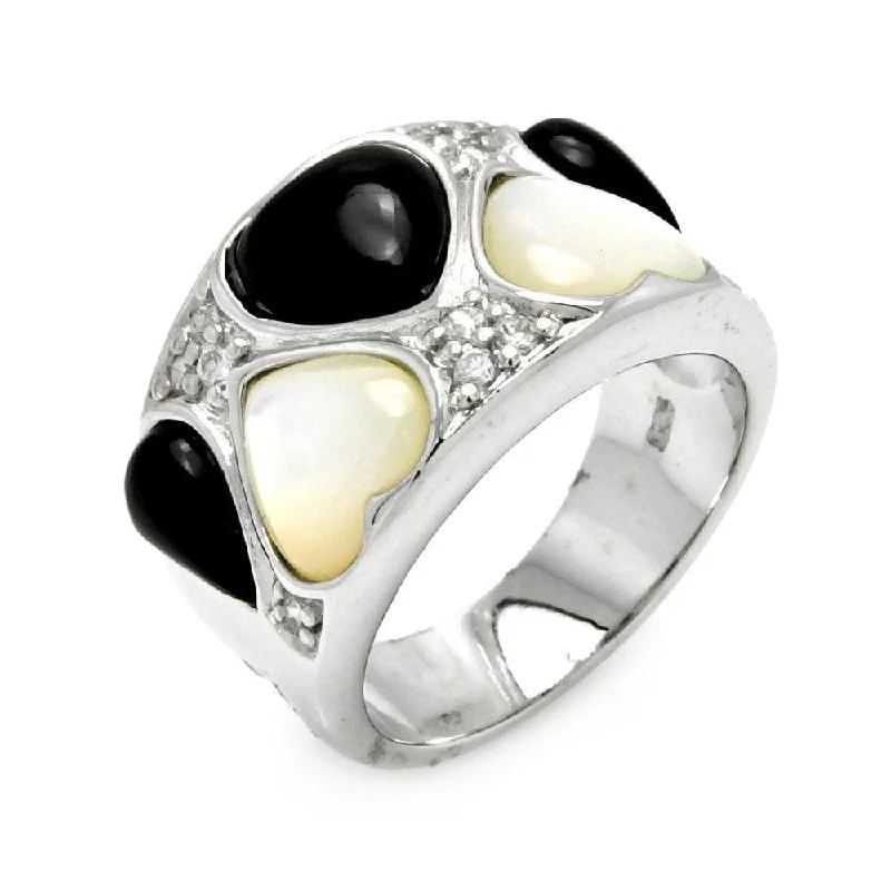 Clearance-Silver 925 Rhodium Plated Onyx Pearl Heart CZ Ring - STR00279