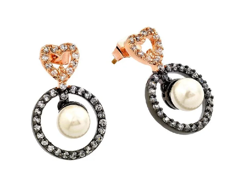 Clearance-Silver 925 Rose Gold and Black Rhodium Plated Heart CZ Dangling Pearl Earrings - BGE00286