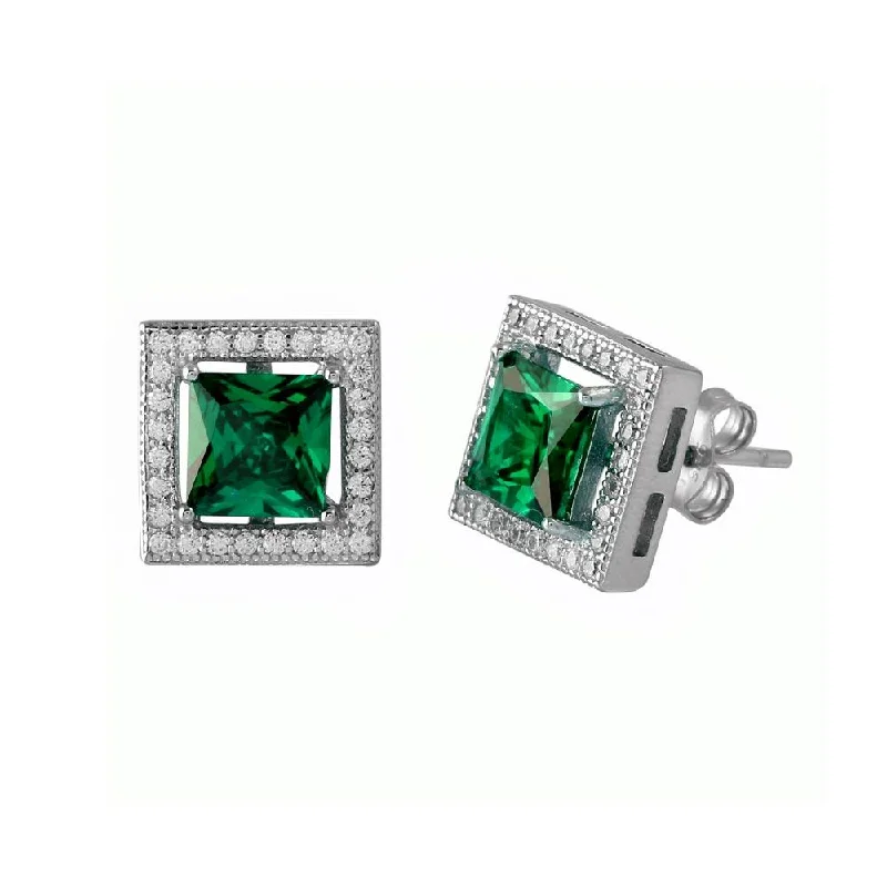 Rhodium Plated 925 Sterling Silver Green Halo Square CZ Stud Earrings - BGE00632GRN