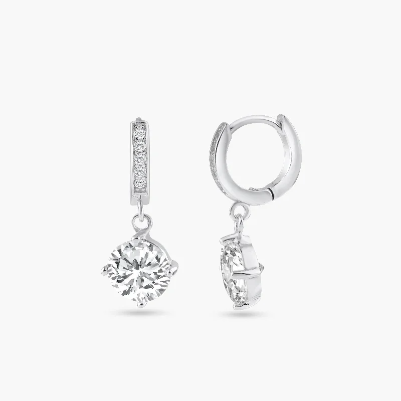 Silver 925 Rhodium Plated Round Channel CZ Dangling huggie hoop Earrings - BGE00263