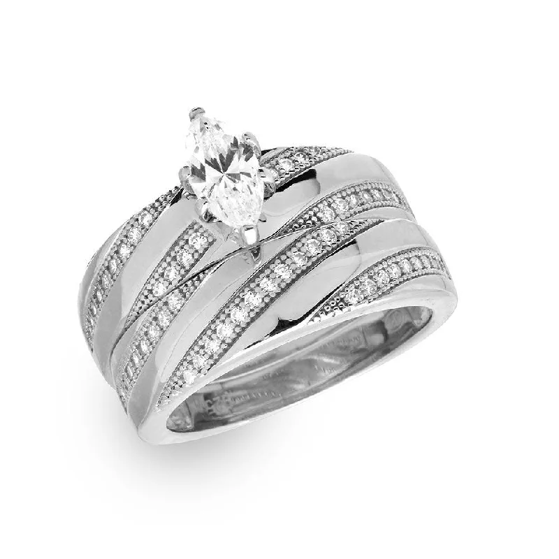 Silver 925 Rhodium Plated Marquise Center Trio Bridal Ring - GMR00146