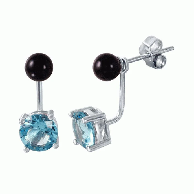 925 Sterling Silver Light Blue CZ Black Synthetic Pearl Front and Back  Earring - STE00999MAR