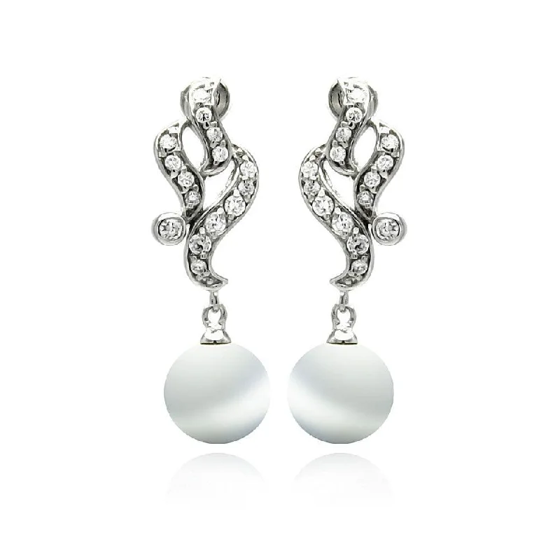 Silver 925 Rhodium Plated Filigree CZ Dangling Synthetic Pearl Earrings - BGE00224