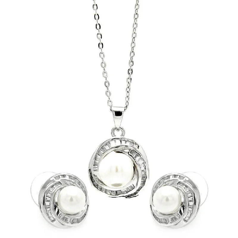 Silver 925 Rhodium Plated Clear Baguette CZ Pearl Center Stud Earring and Necklace Set - BGS00207