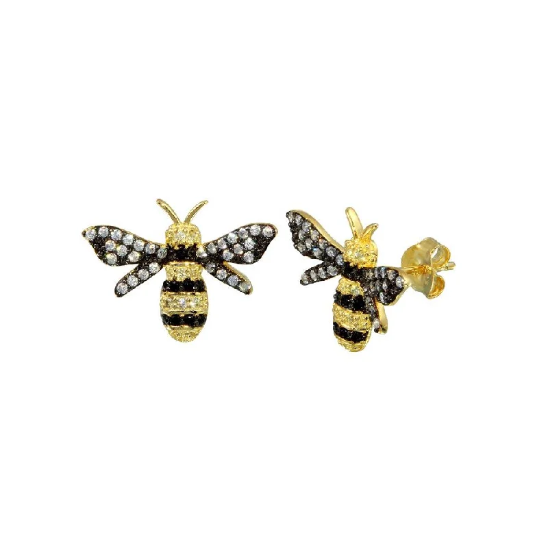 Gold Plated 925 Sterling Silver CZ BumbleBee Stud Earring - BGE00656