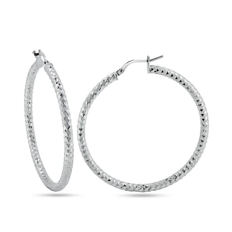 Rhodium Plated 925 Sterling Silver 3mm Diamond Cut Textured Hoop Earrings - ARE00037RH