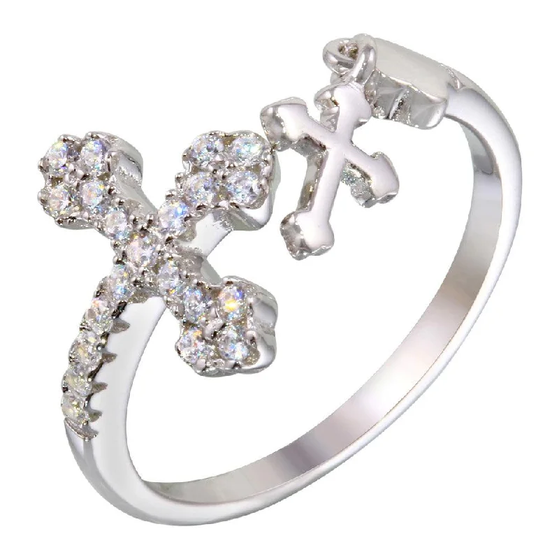 Rhodium Plated 925 Sterling Silver Open End Cross Ring with CZ - BGR01145