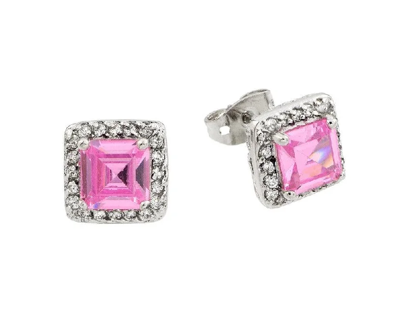 Silver 925 Rhodium Plated Pink Square CZ Stud Earrings - BGE00359PK