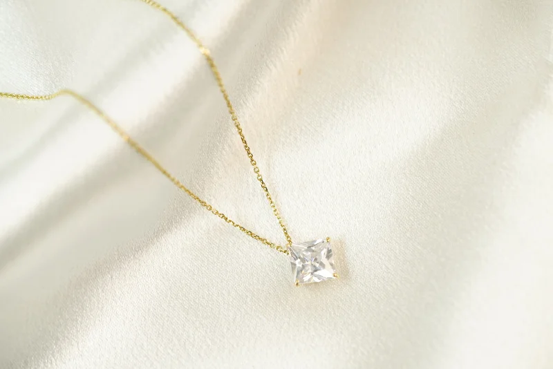 14k Crystal Square Necklace