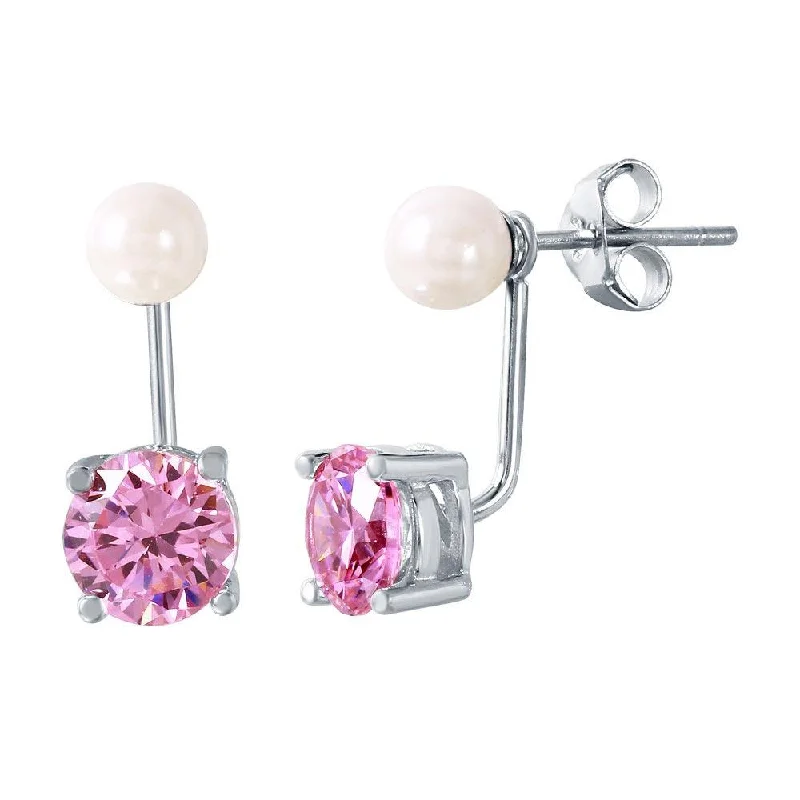 Rhodium Plated 925 Sterling Silver Pearl Pink Front and Back Earrings - STE00990OCT