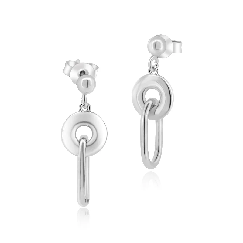 Rhodium Plated 925 Sterling Silver Dangling Donut Paperclip Stud Earrings - ITE00095-RH