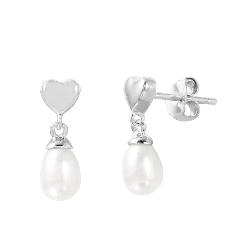 Silver 925 Rhodium Plated Heart with Dangling Fresh Water Pearl Post Earrings - BGE00450