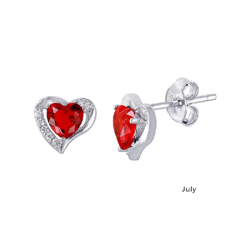 Rhodium Plated 925 Sterling Silver Heart with Birthstone Center Stud Earrings July - STE01028-JUL