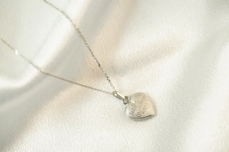 14k White Gold Heart Faith Necklace