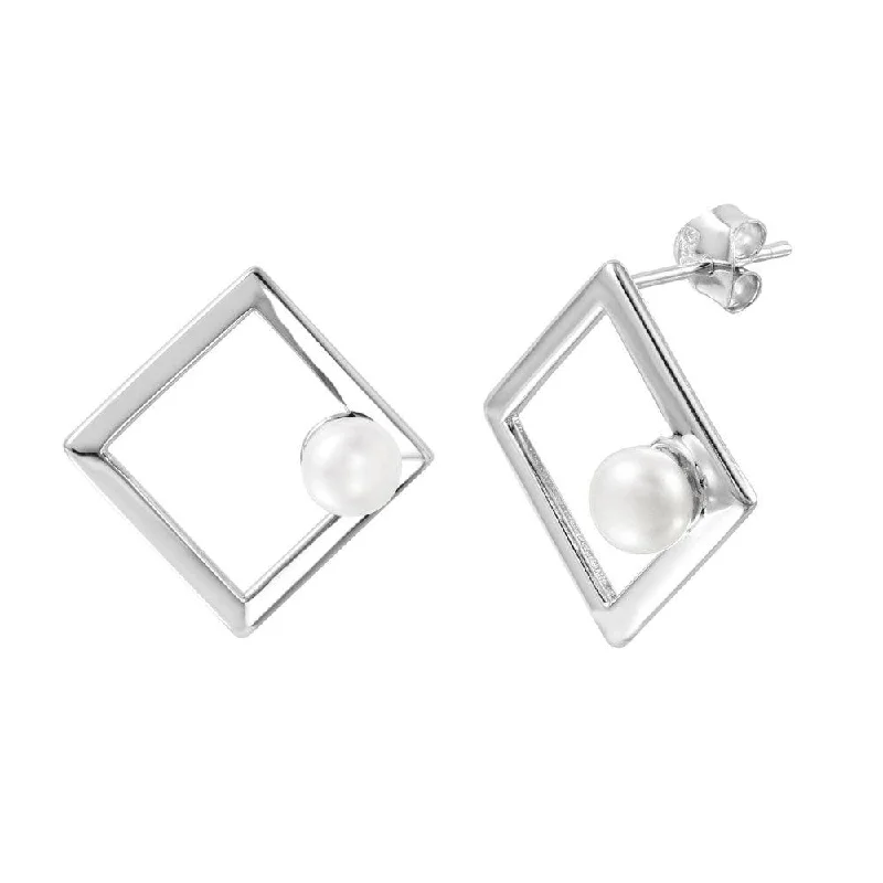 Silver 925 Rhodium Plated Open Square Fresh Water Pearl Stud Earrings - STE01001