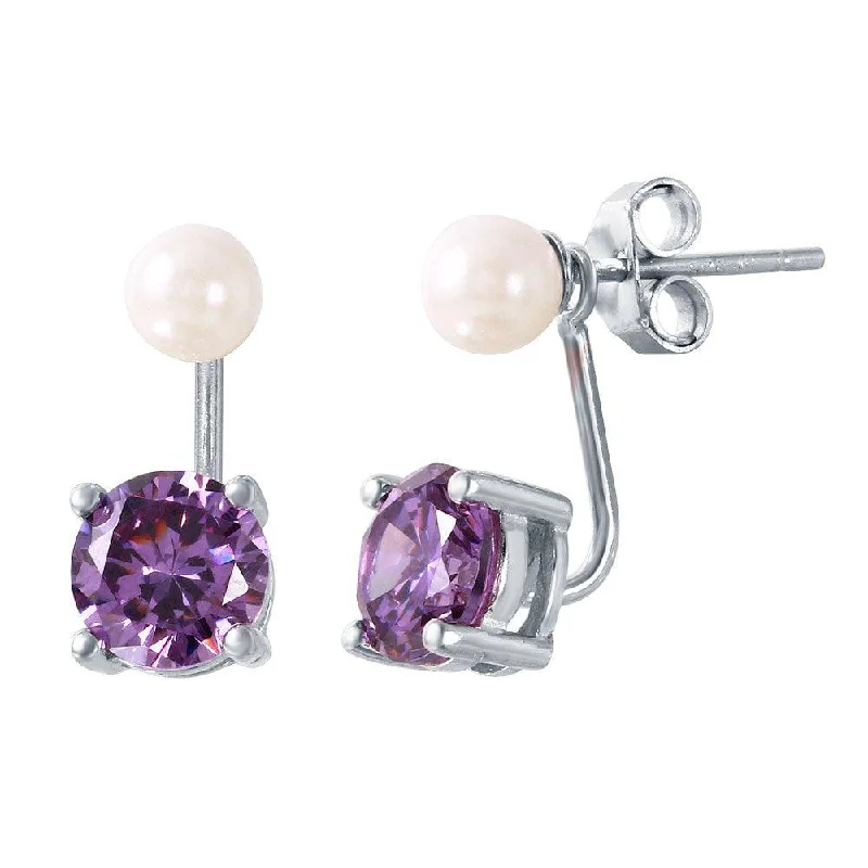 Rhodium Plated 925 Sterling Silver Pearl Purple Front and Back Earrings - STE00990FEB