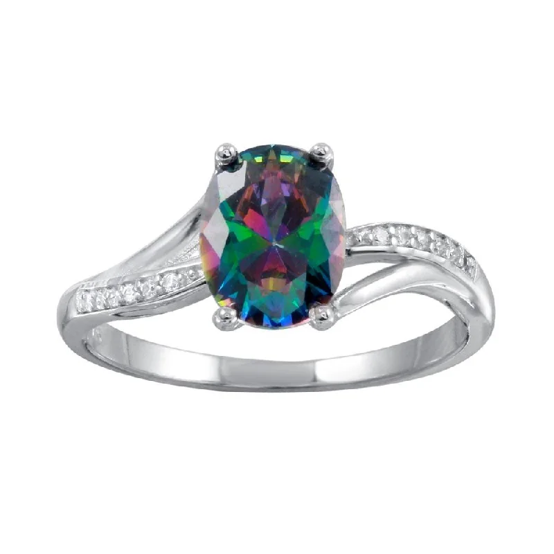 Rhodium Plated 925 Sterling Silver Oval Mystic Topaz CZ Ring - BGR01266