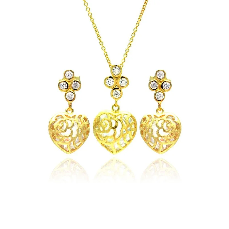 Silver 925 Gold Plated Heart Filigree CZ Dangling Stud Earring and Necklace Set - STS00383