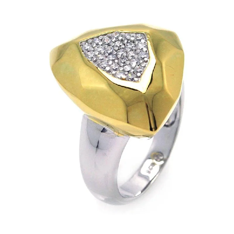 Clearance-Silver 925 Rhodium and Gold Plated 2 Toned Pave Set Clear CZ Hammered Ring - BGR00277