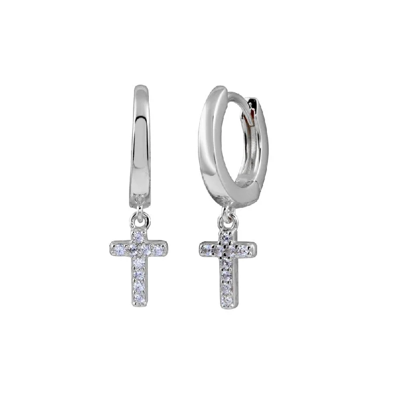 Rhodium Plated 925 Sterling Silver CZ huggie hoop Cross Earring - STE01279RH