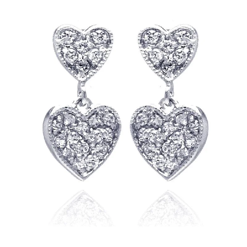 Silver 925 Rhodium Plated Graduated Two Heart CZ Inlay Dangling Stud Earrings - BGE00200