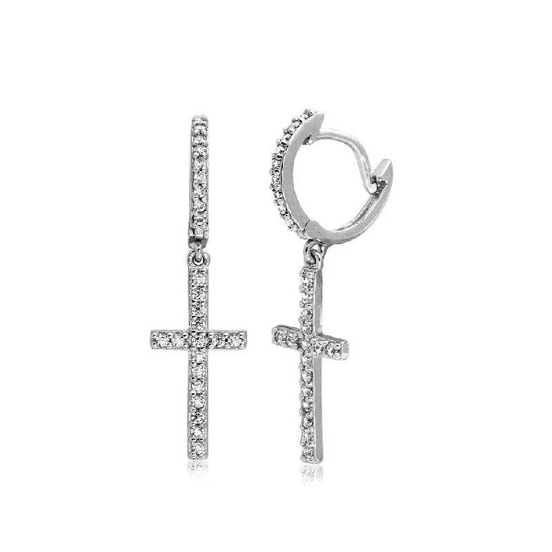 Rhodium Plated 925 Sterling Silver Hanging CZ Cross huggie hoop Earrings - BGE00495