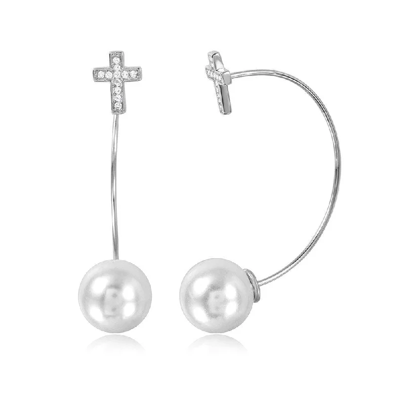 Silver 925 Rhodium Plated Cross Earrings with Hanging Synthetic Pearl - STE01047