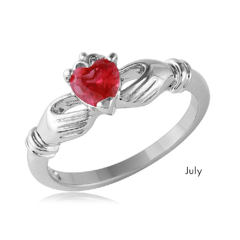 July Sterling Silver 925 Rhodium Plated CZ Center Birthstone Claddagh Ring - BGR01083JUL