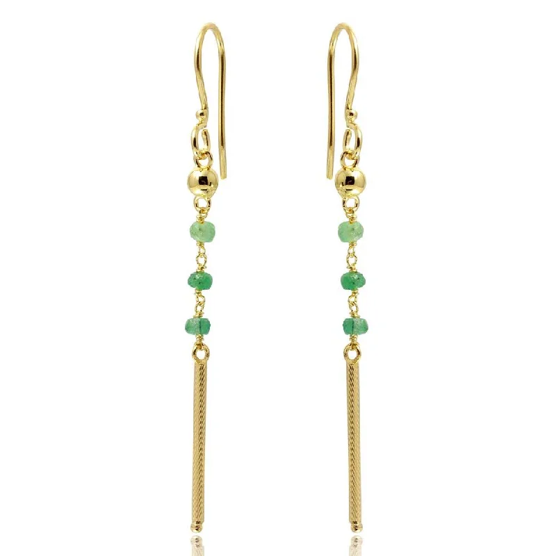 Gold Plated 925 Sterling Silver Dangling 3 Green Bead with Matte Gold Bar Earrings - DIE00009GP-EM