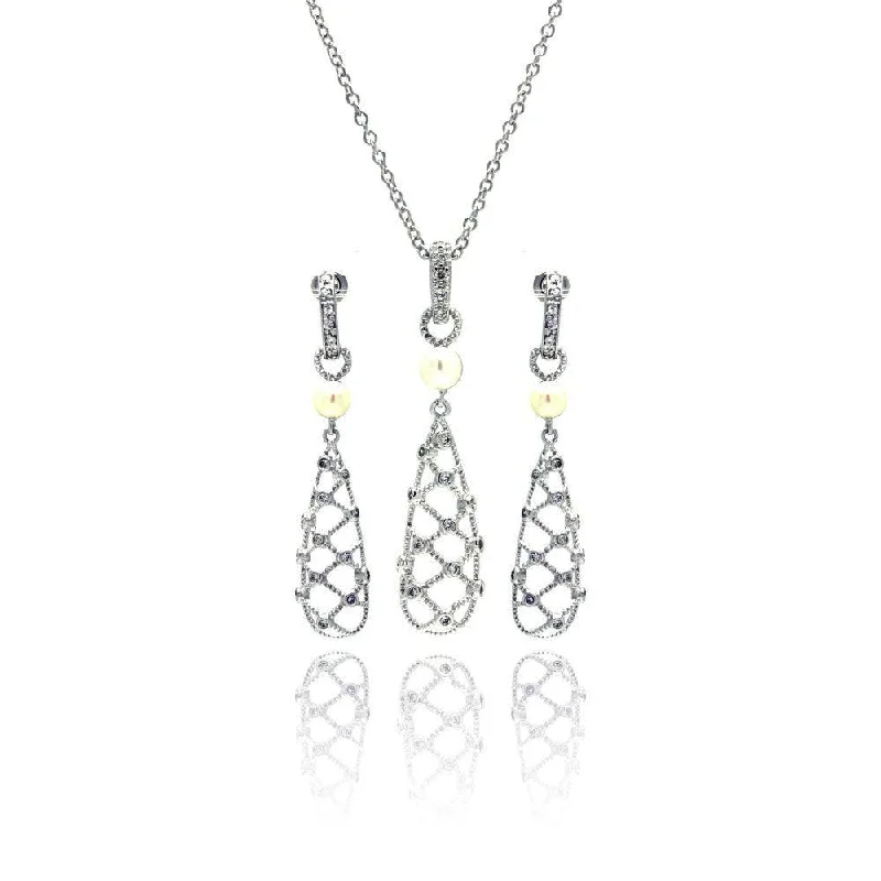 Silver 925 Rhodium Plated Fishnet Drop Pearl Clear CZ Dangling Stud Earring and Dangling Necklace Set - BGS00143