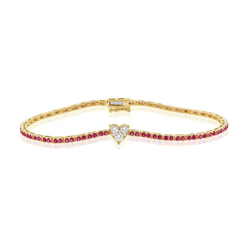 Romantic 14K Gold Pink Sapphire and Diamond Heart Tennis Bracelet