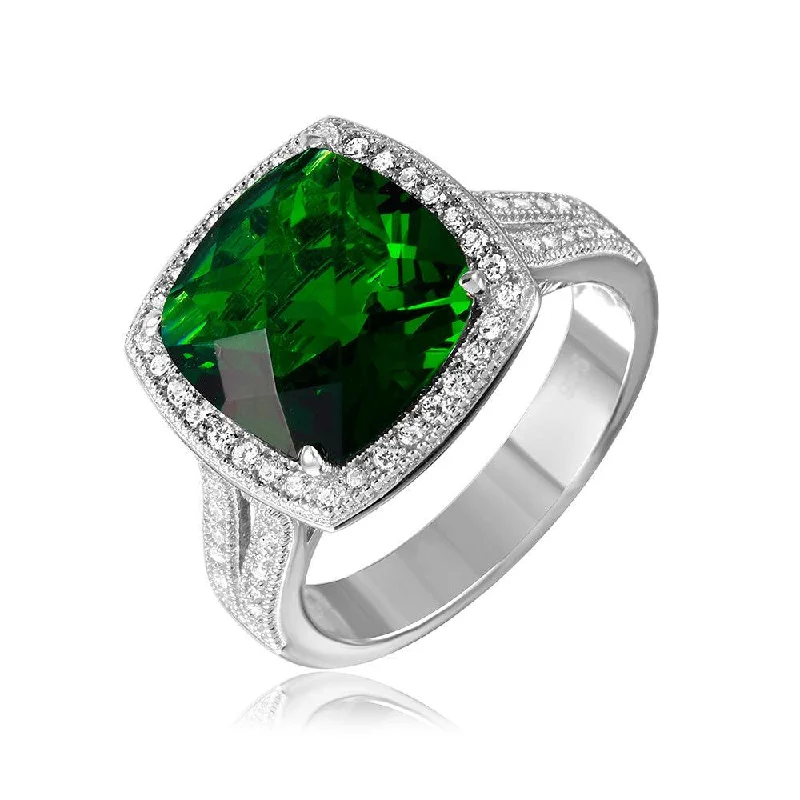 Silver 925 Rhodium Plated Square Halo Green CZ Ring with Micro Pave Stones - GMR00090G