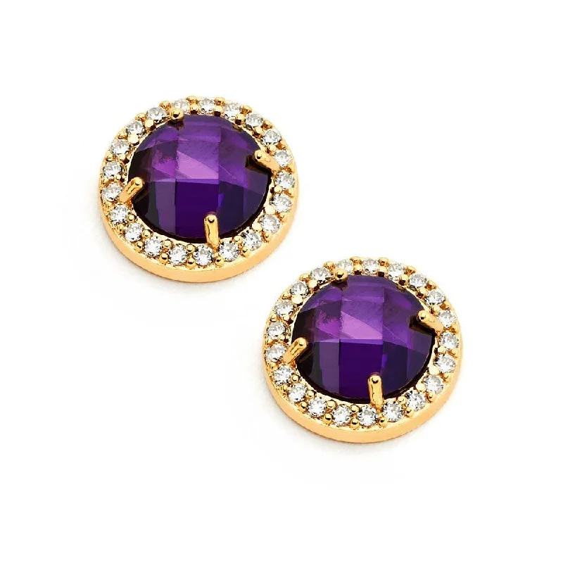 Silver 925 Gold Plated Channel Teardrop Purple CZ Dangling Stud Earrings - BGE00360P