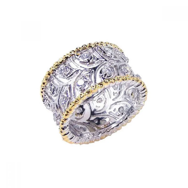 Clearance-Silver 925 Rhodium and Gold Plated Border CZ Flower Ring - STR00342