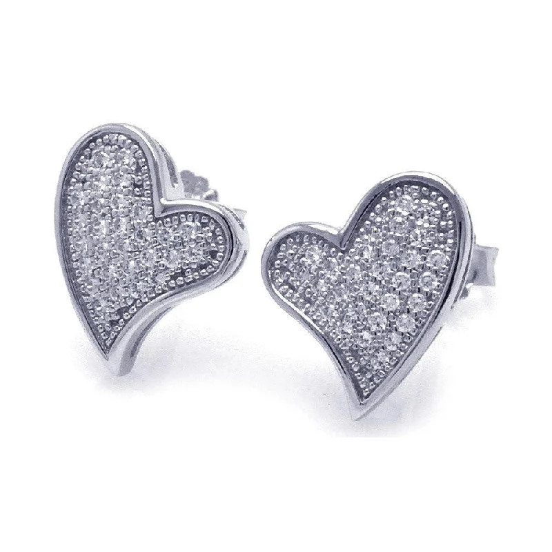 Silver 925 Rhodium Plated Micro Pave Clear Curvy Heart CZ Stud Earrings - ACE00040