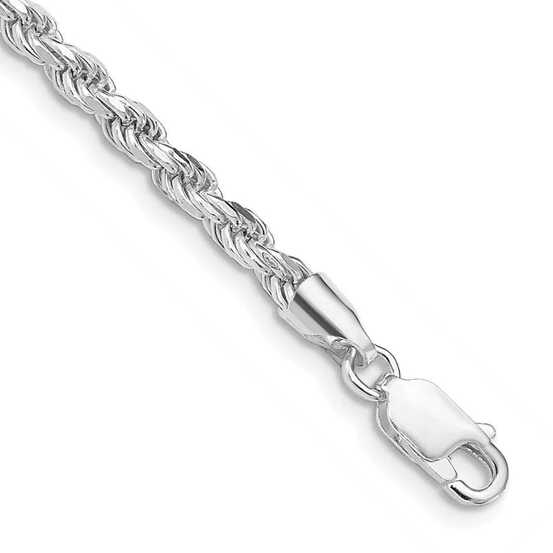 Sterling Silver Rhodium-plated 3mm Diamond-cut Rope Chain Bracelet