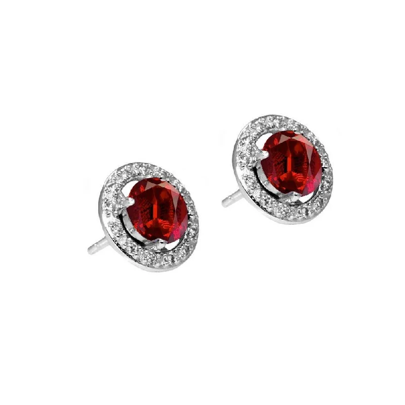 Silver 925 Rhodium Plated Red and Clear Round Pave CZ Stud Earrings - BGE00331