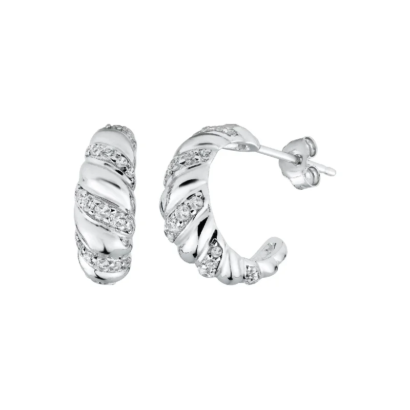 Rhodium Plated 925 Sterling Silver Semi Hoop Braid Design CZ Earring - STE01327