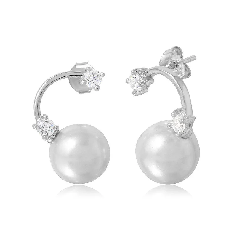 Silver 925 High Polished Hanging Synthetic Pearl Earring with Cubic Zirconia Stones - BGE00489SP