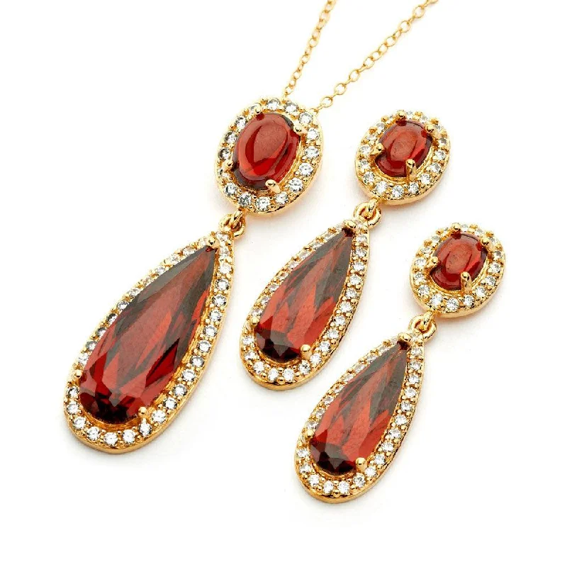 Silver 925 Gold Plated Clear and Red Oval Slim Teardrop CZ Dangling Stud Earring and Dangling Necklace Set - BGS00395