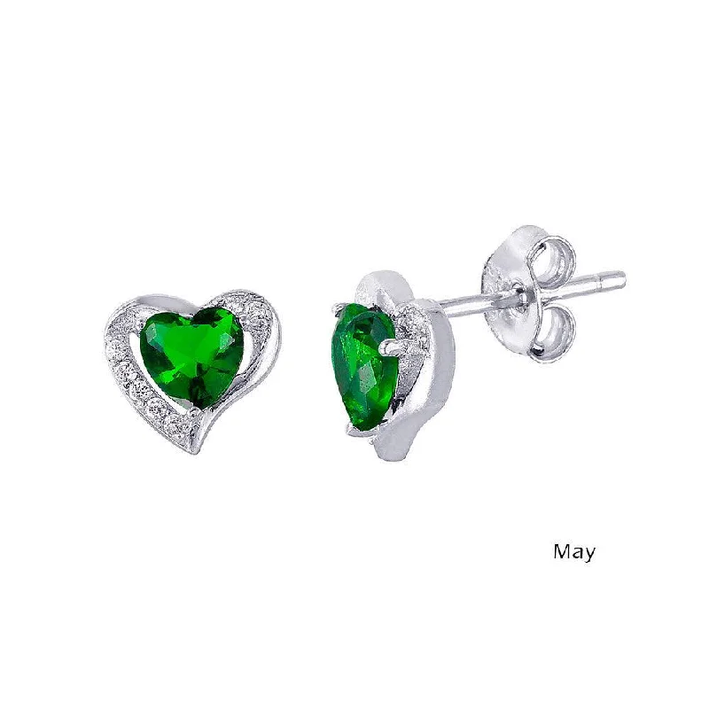 Rhodium Plated 925 Sterling Silver Heart with Birthstone Center Stud Earrings May - STE01028-MAY