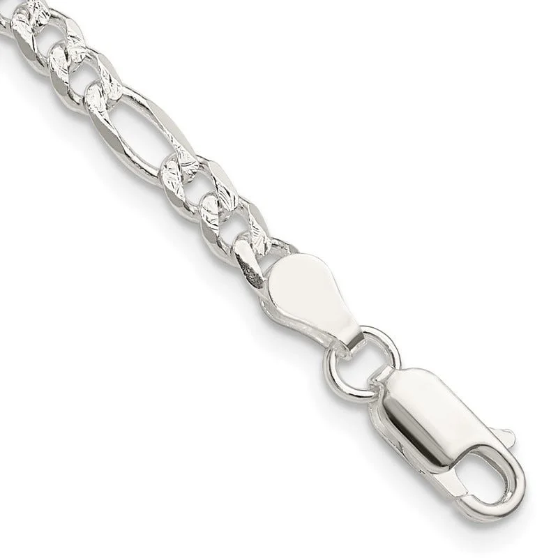 Sterling Silver 4mm Pav‚ Flat Figaro Chain Bracelet