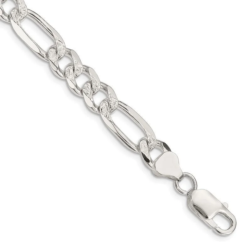 Sterling Silver 8mm Pav‚ Flat Figaro Chain Bracelet