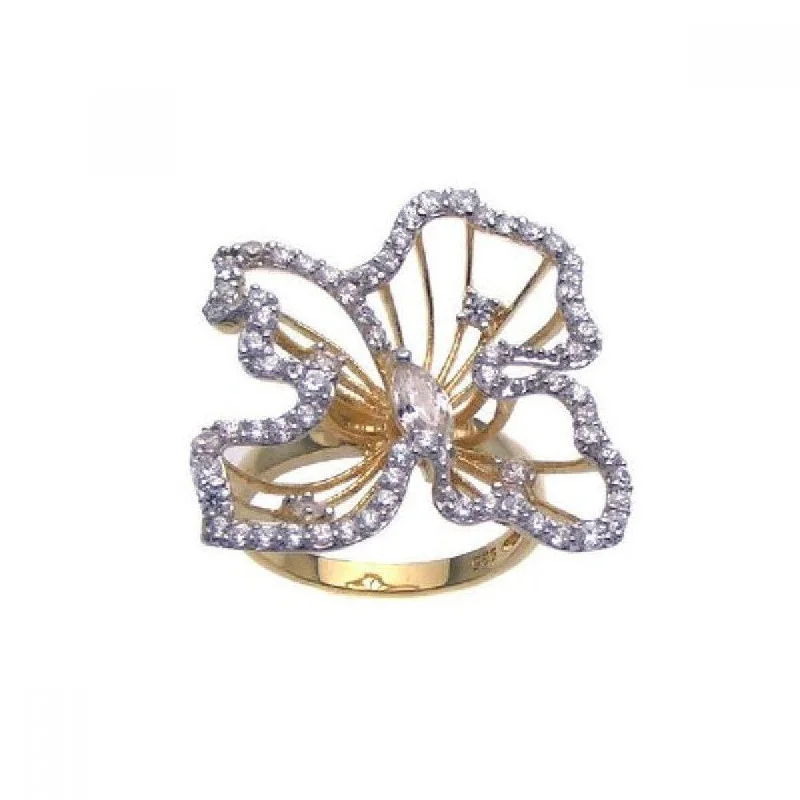 Clearance-Silver 925 Gold Plated CZ Open Flower Ring - STR00619