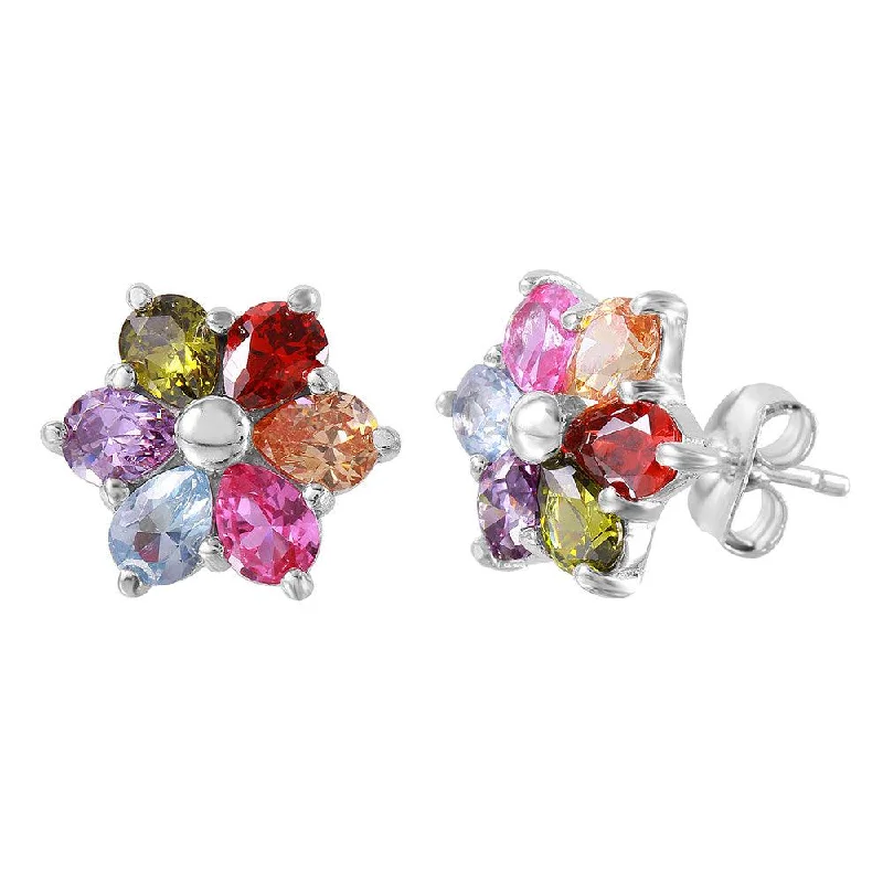 Silver 925 Multi Color CZ Flower Stud Earrings - BGE00465