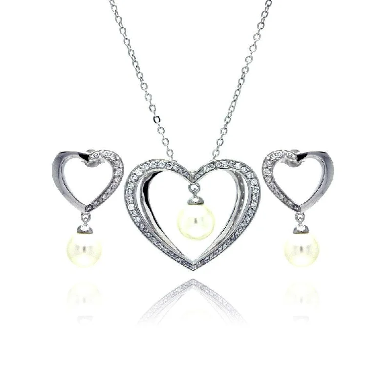 Silver 925 Rhodium Plated Hanging Pearl Open Heart Clear CZ Stud Earring and Necklace Set - BGS00167