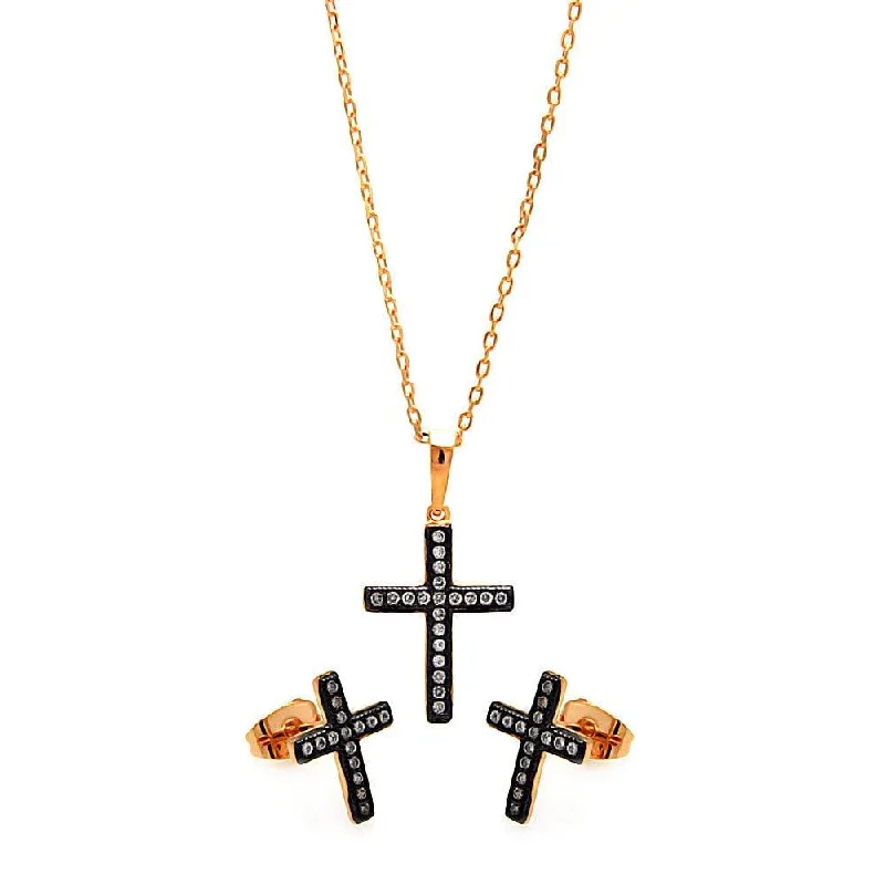 Silver 925 Black Rhodium and Gold Plated Cross Clear CZ Stud Earring and Necklace Set - BGS00277