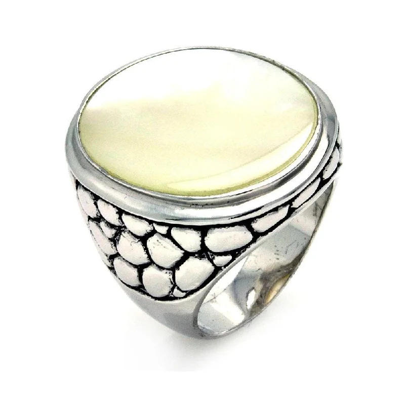 Clearance-Silver 925 Oxidized Rhodium Plated White Mother of Pearl Stone Cigar Band Ring - STR00848