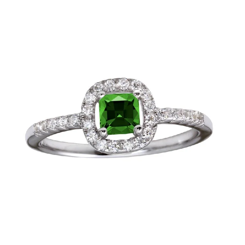 Rhodium Plated 925 Sterling Silver Square Clear and Green CZ Center Stone Ring - BGR01222GRN