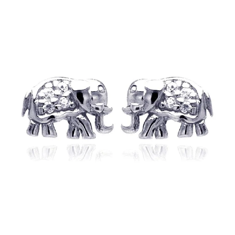 Silver 925 Rhodium Plated Elephant Cluster CZ Stud Earrings - STE00507